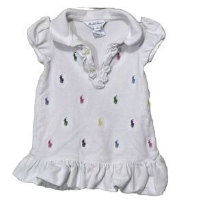 Ralph Lauren Dress Baby Girls 12M All Over Print Pony White Ruffles Collared